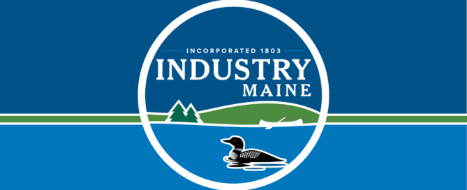 Town of Industry logo featuring a loon and a kayak on a lake, incorporated 1803.