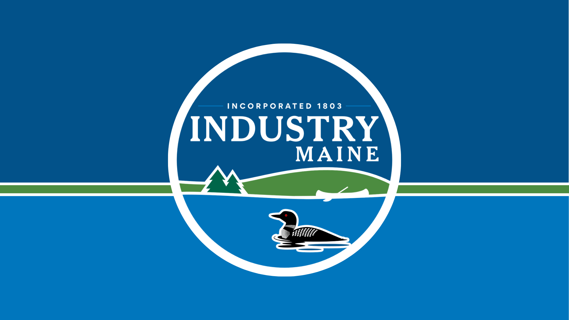 Town of Industry logo featuring a loon and a kayak on a lake, incorporated 1803.